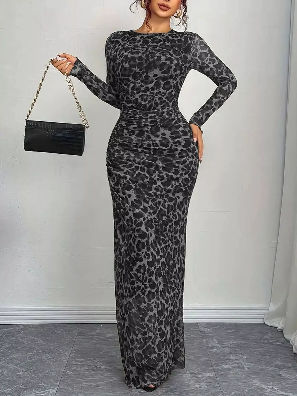 Leopard ruched bodycon maxi dress back view