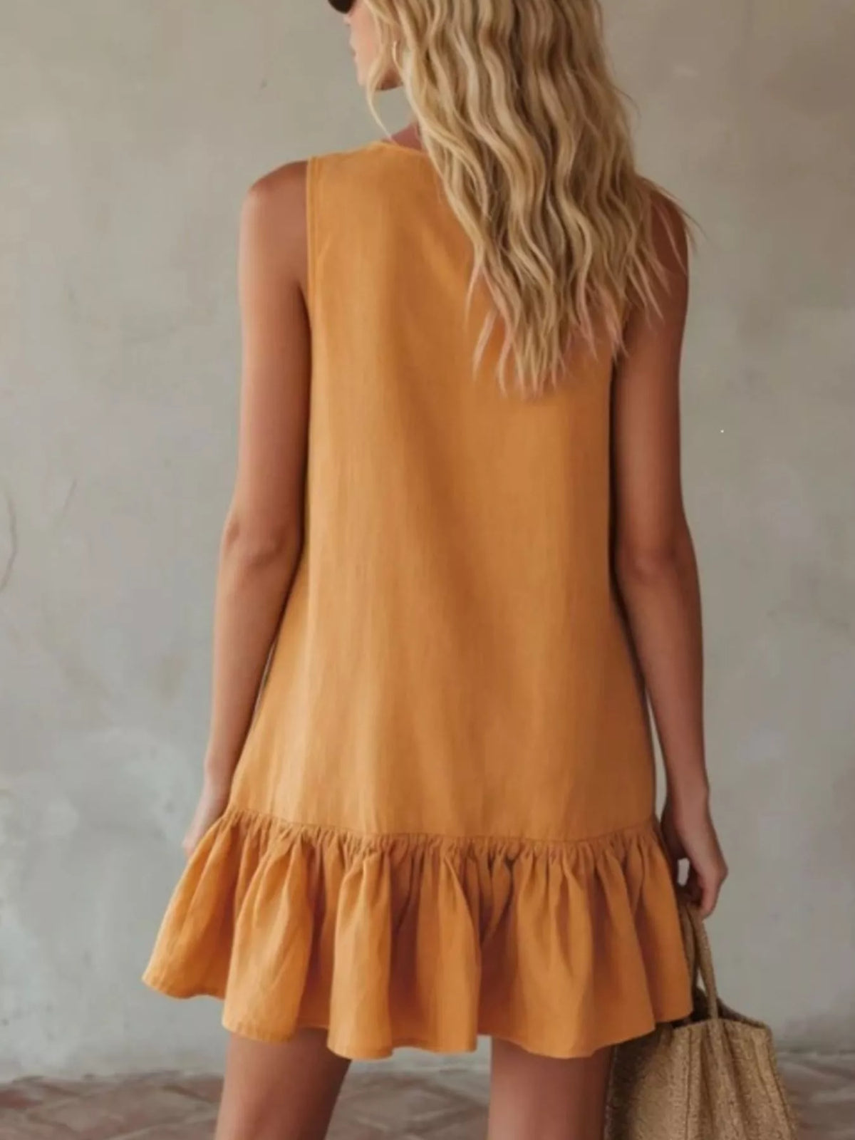 V neck tie front ruffle hem mini dress back view