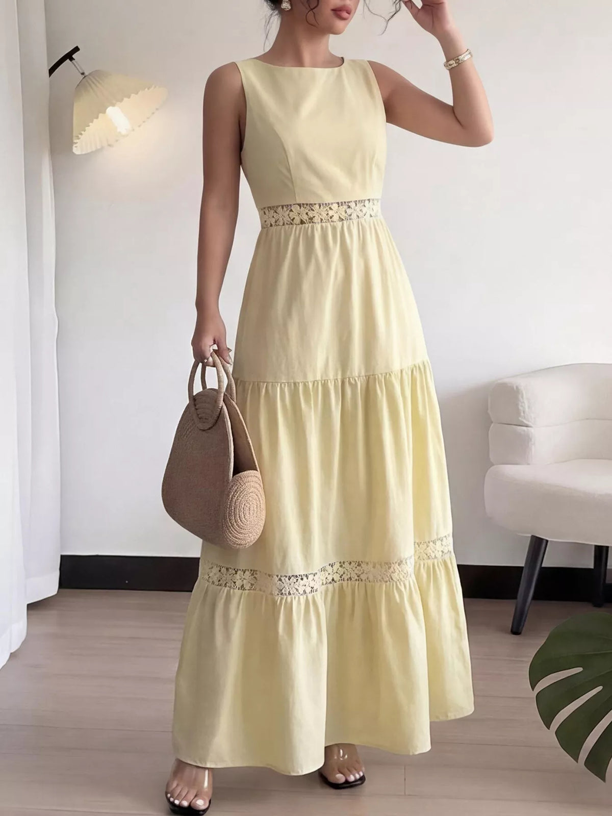yellow tiered lace trim sleeveless maxi dress side view