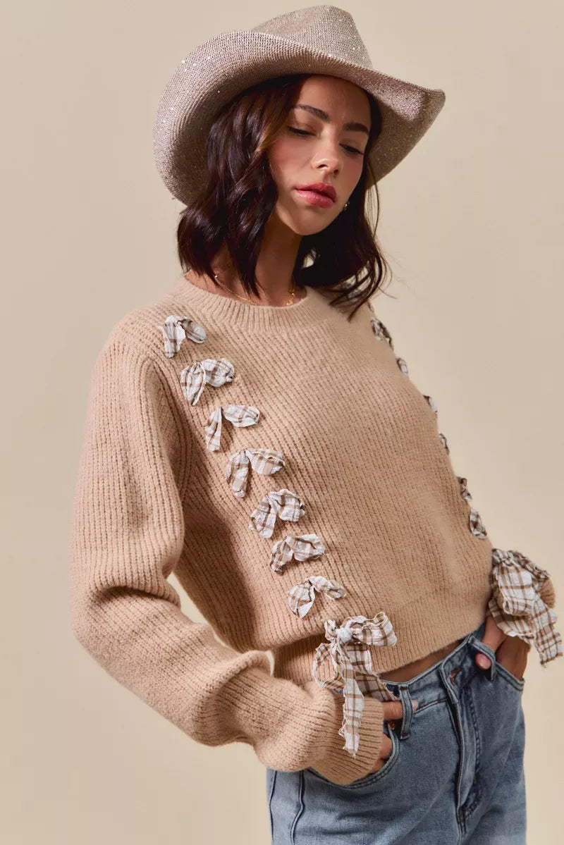 Checkered Plaid Lace Up Ribbed Sweater in Taupe view 14