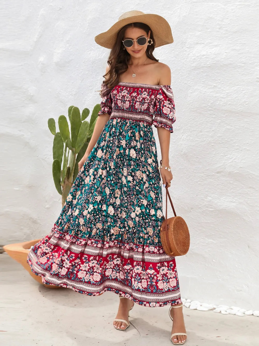 Floral flounce midi dress turquoise
