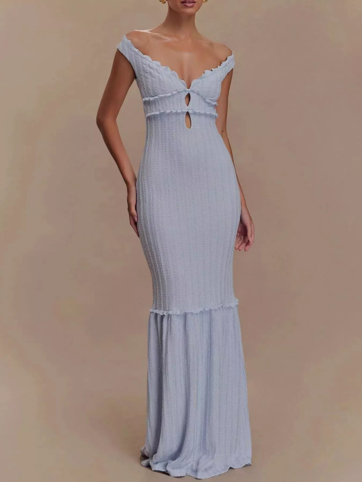 Frill off shoulder knit mermaid maxi dress in lavender, front view