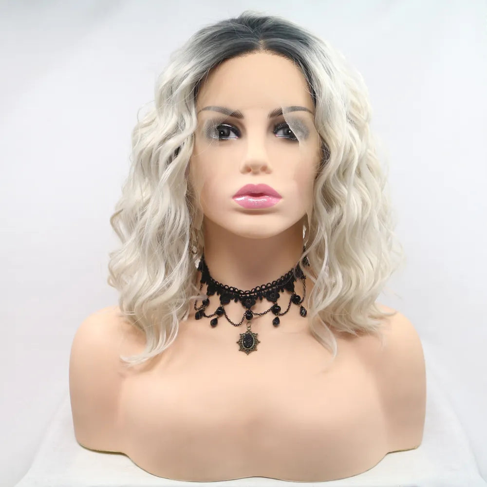 Mid length wavy black and white lace front wig front view