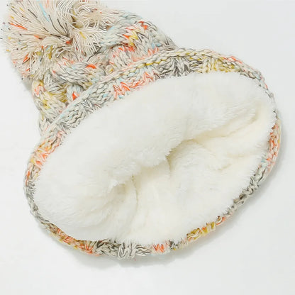 Contrast Cable-Knit Hat with Pompom - Fashorio