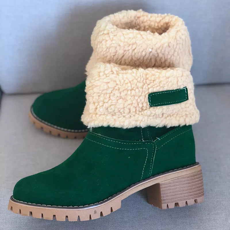 Suede round toe block heel boots back view