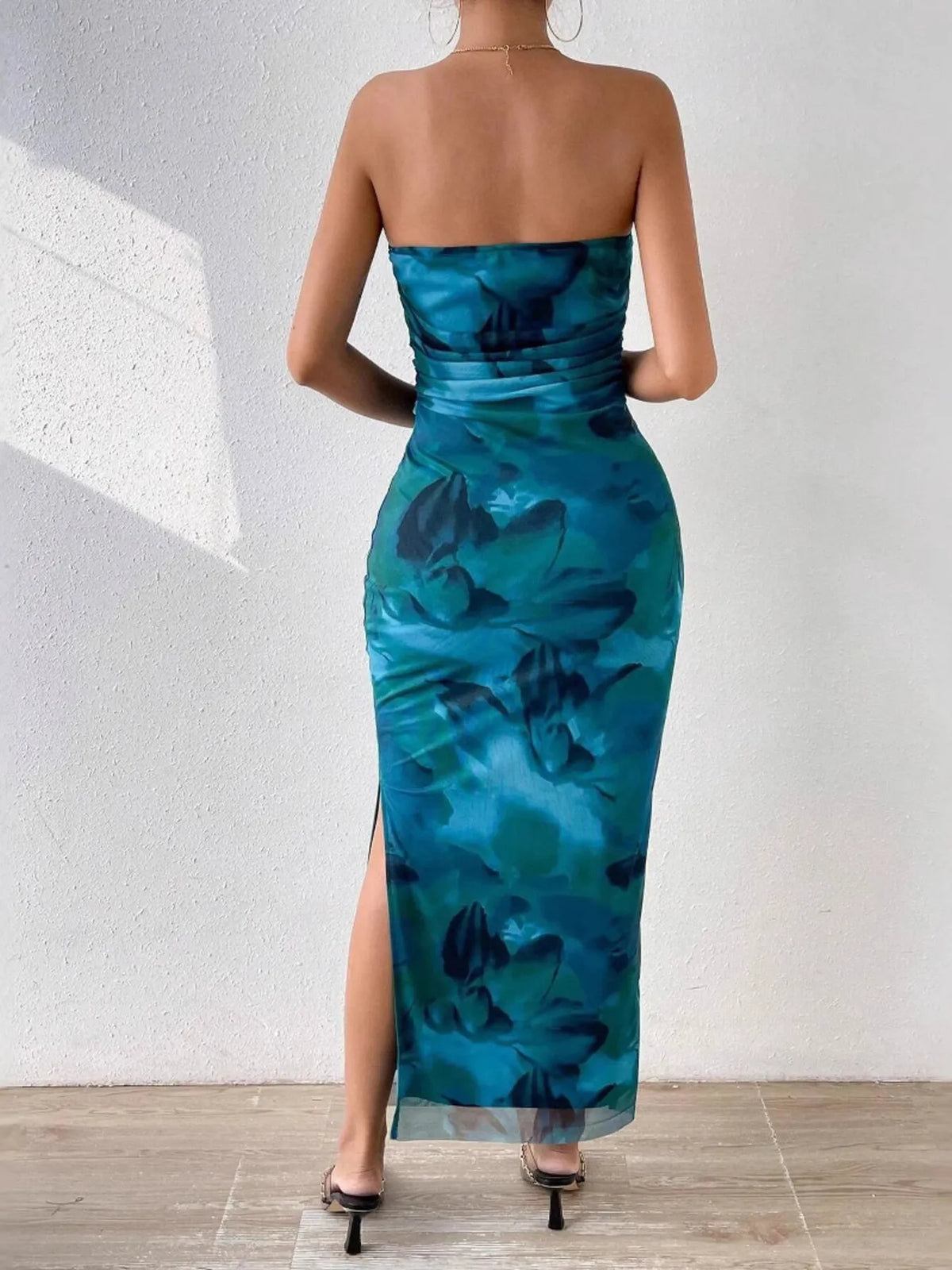 Printed side slit tube maxi dress back view