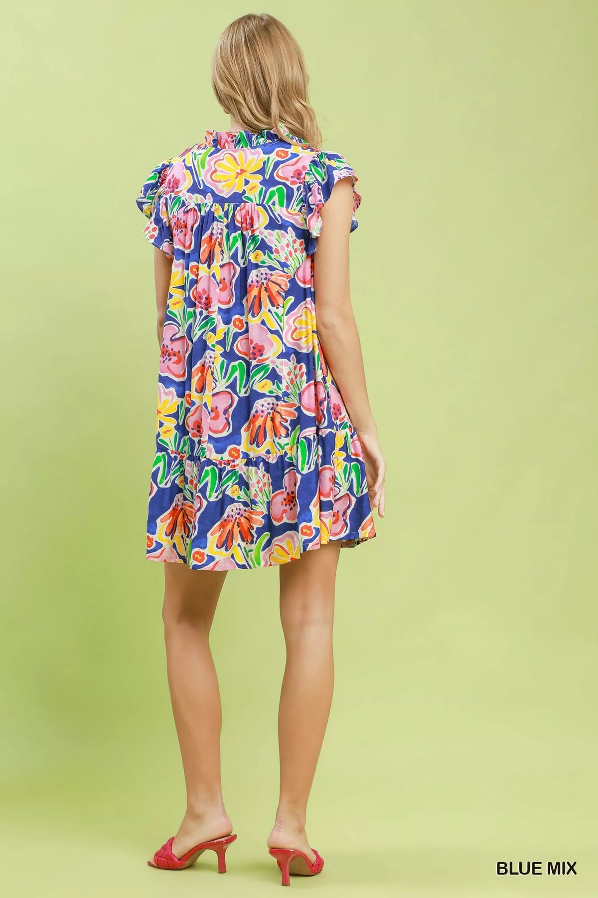 Blue floral mini dress back view