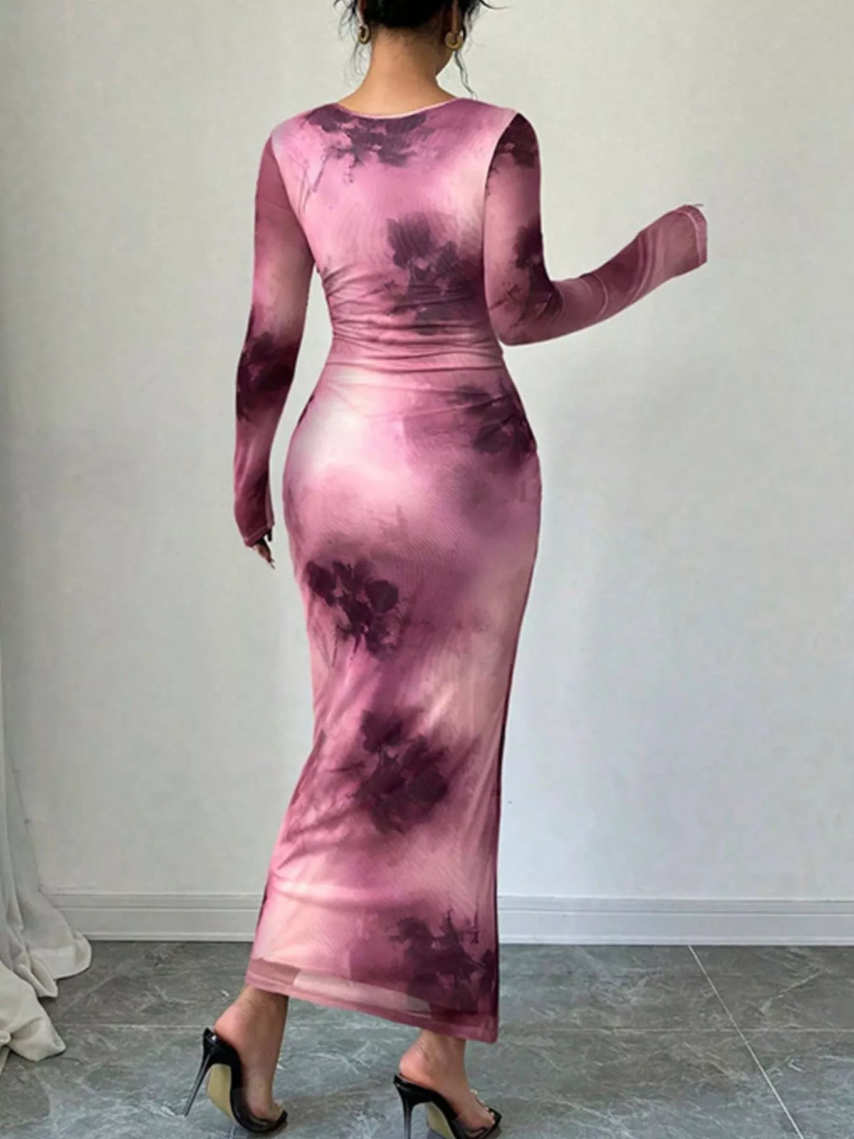 Tie dye ruched bodycon maxi dress full length view