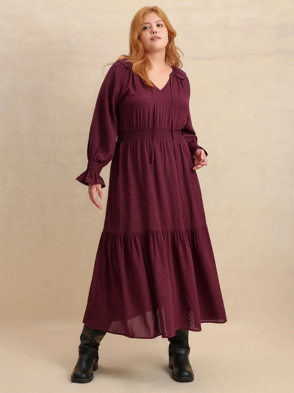 Swiss dot tie neck flounce maxi dress in burgundy detail view