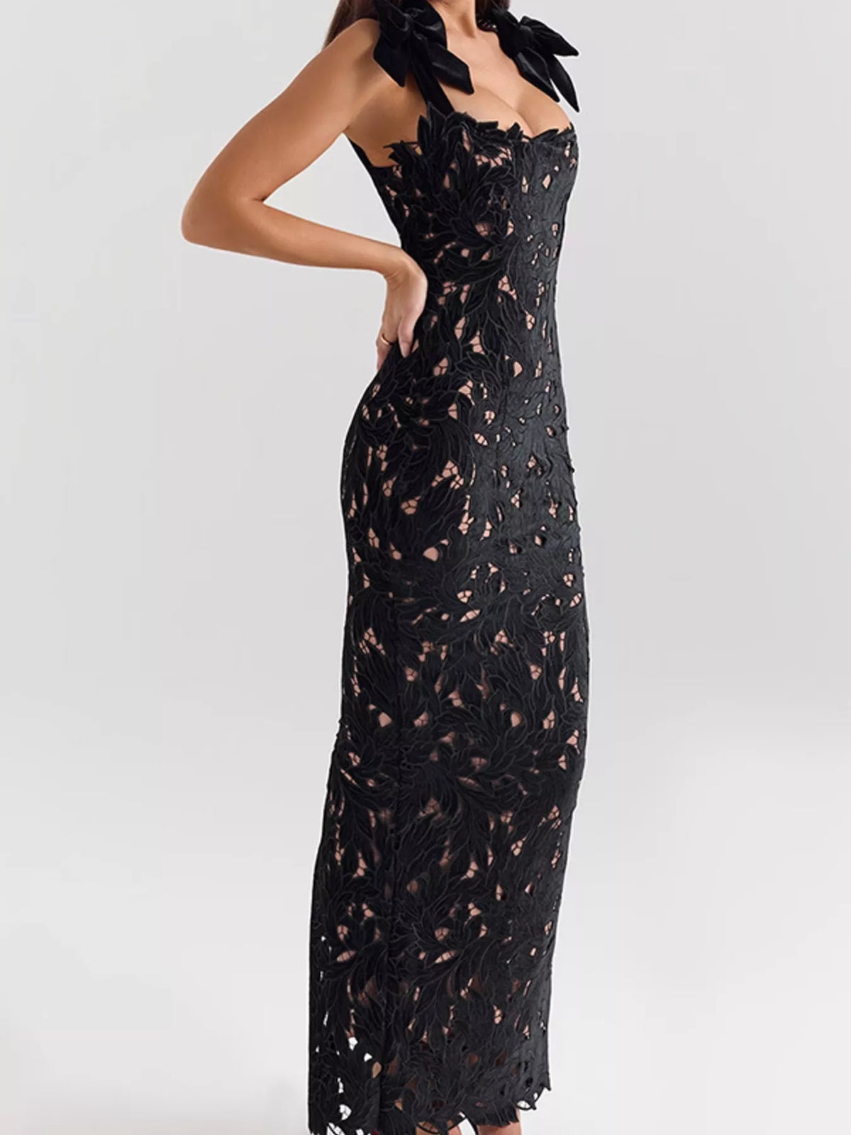 slit tie shoulder maxi dress full length view