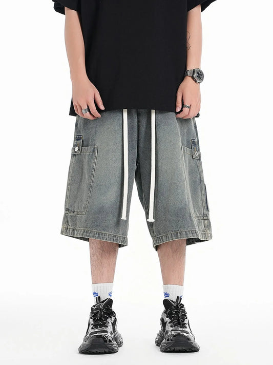 Men's Washed Loose Fit Cargo Denim Shorts Blue - Fashorio