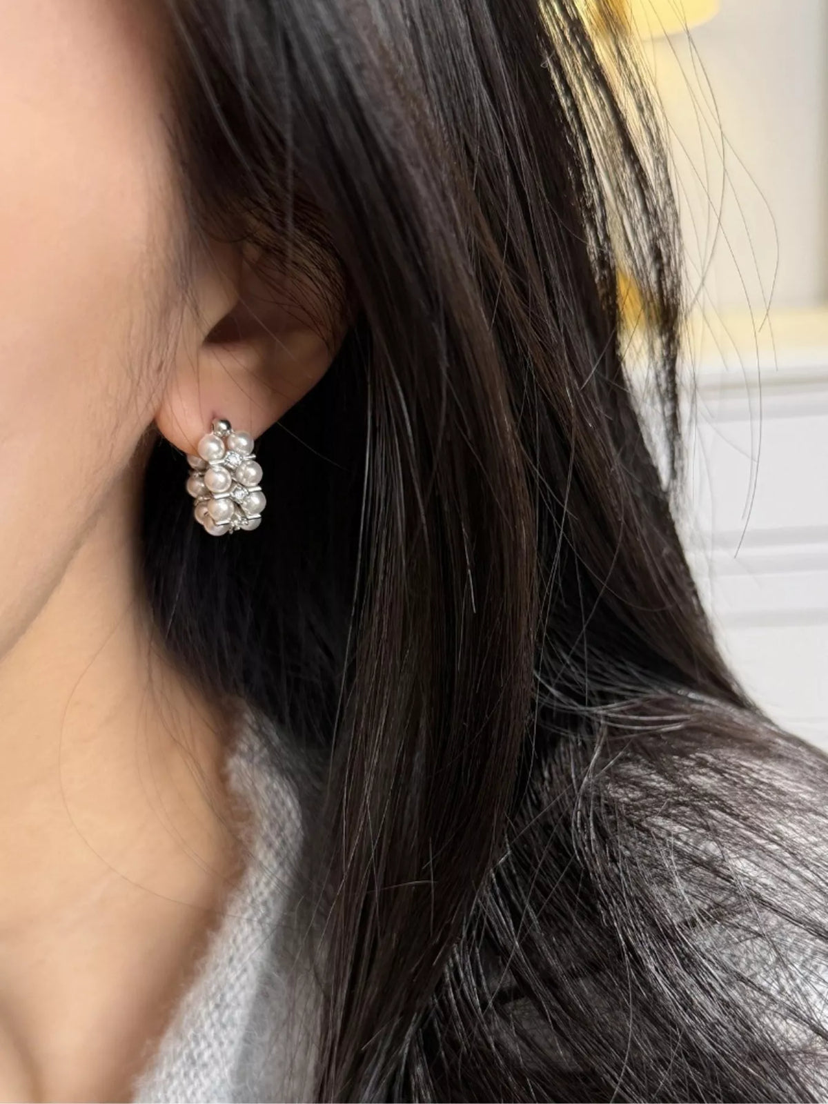 Silver pearl hoops side view