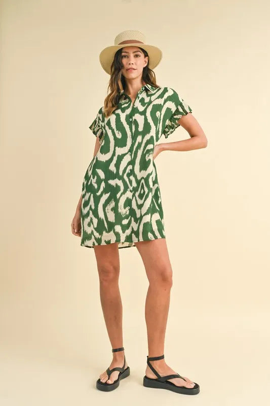 Abstract Printed Frill Sleeve Shirt Mini Dress styled look