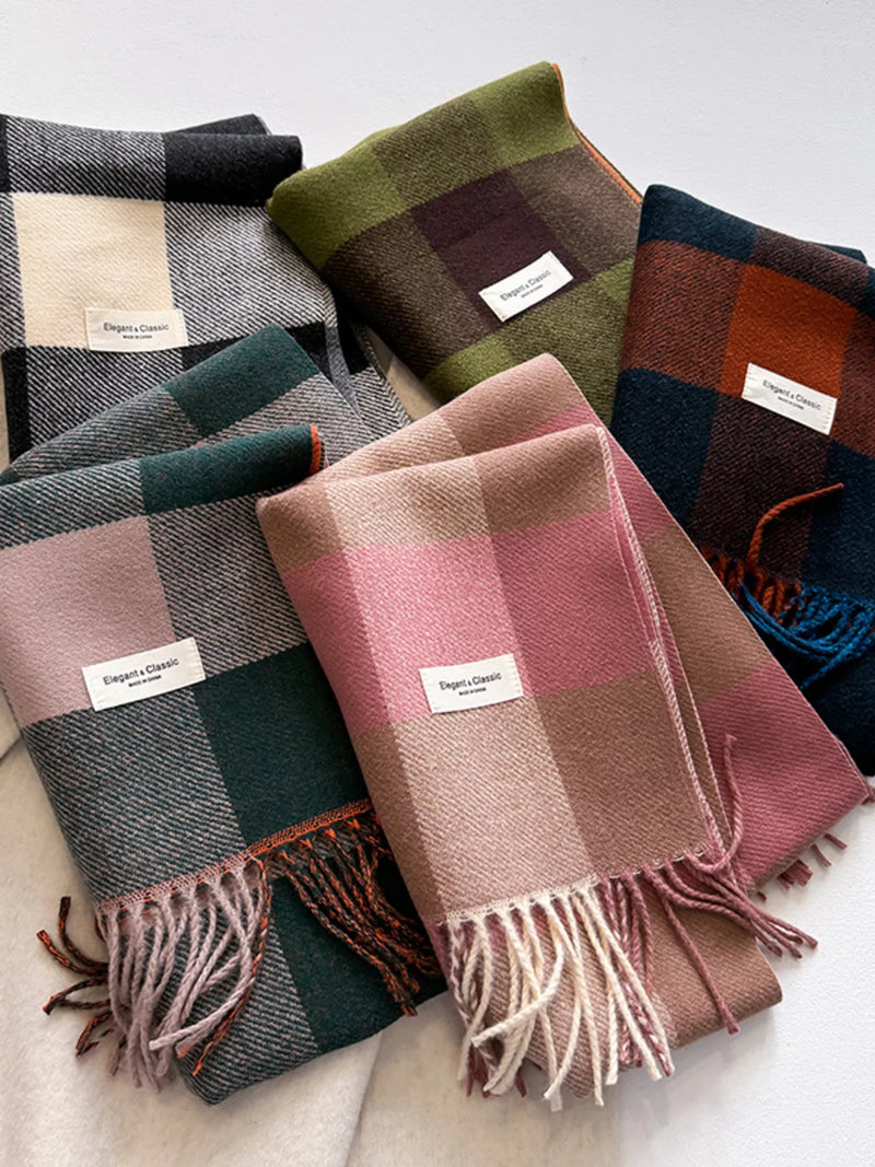 Plaid fringe blanket scarf in gray