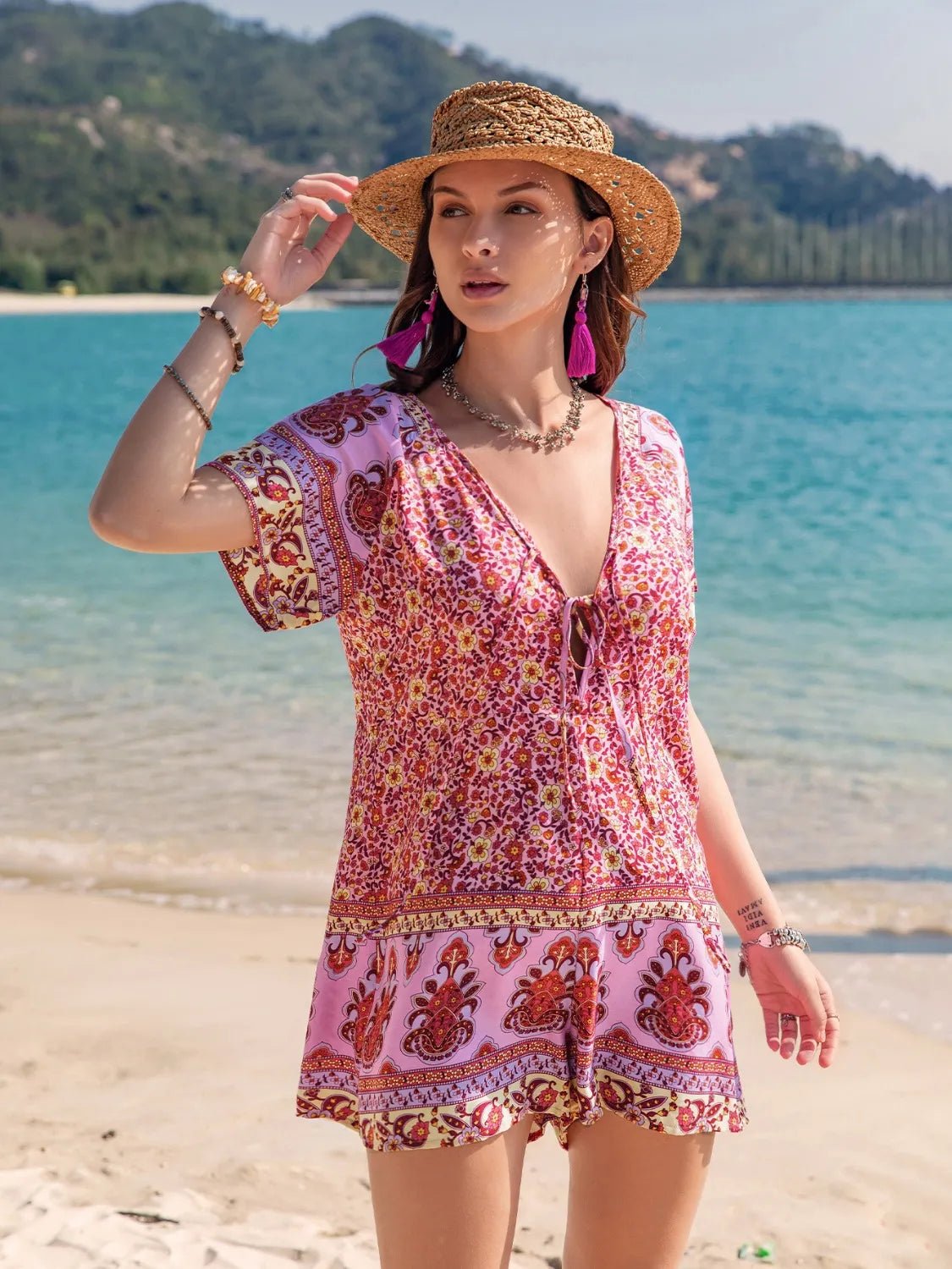 Printed v neck short sleeve romper front view