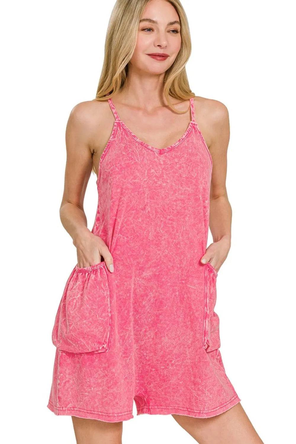 Acid Crinkle Washed Spaghetti Strap Romper back view