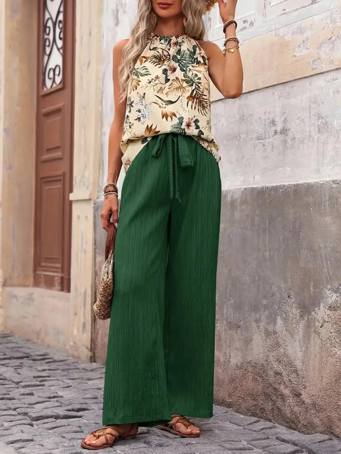 Printed Tank Top and Wide Leg Pants Set - Fashorio