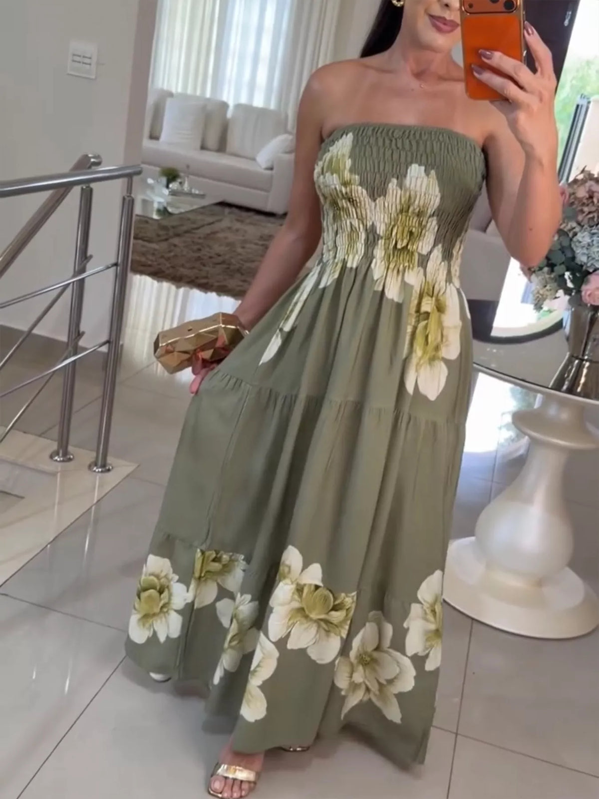 green floral smocked strapless tube maxi dress front view
