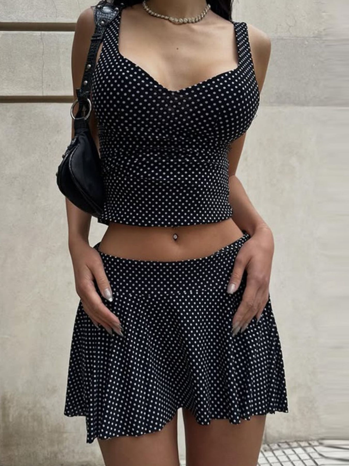 Polka dot crop top and skirt two piece set front view