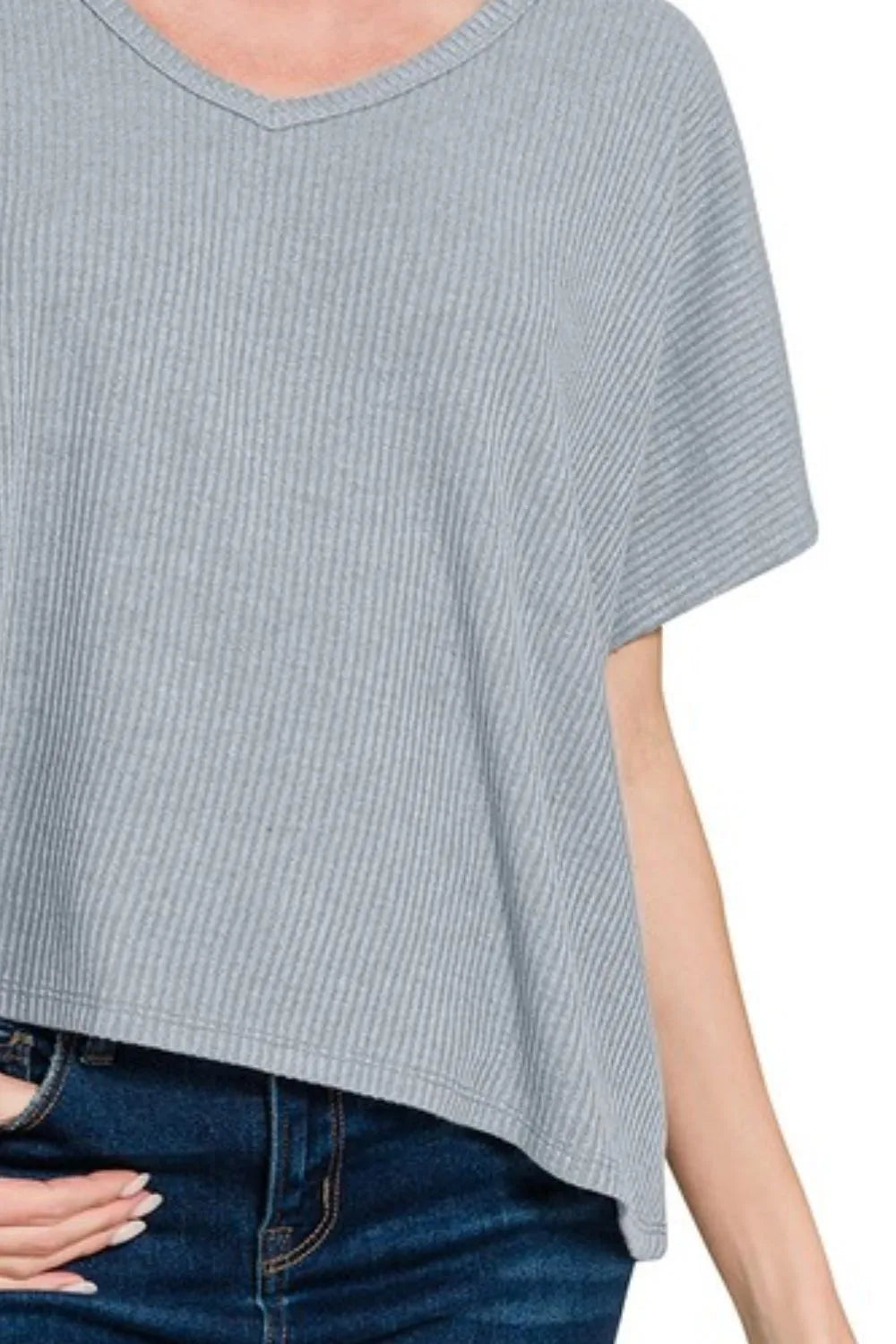 Zenana Ribbed V-Neck Short-Sleeve Knit Top - Fashorio