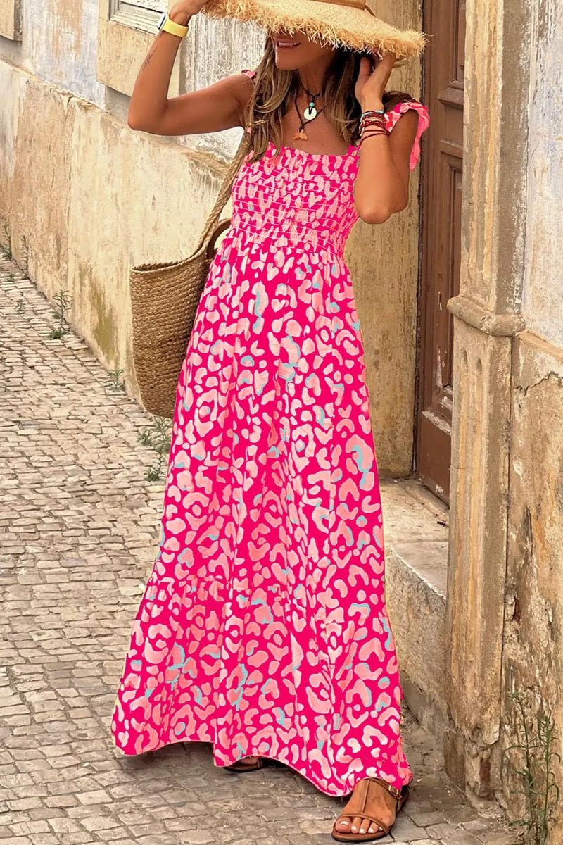 Ruffled printed wide strap maxi dress front view