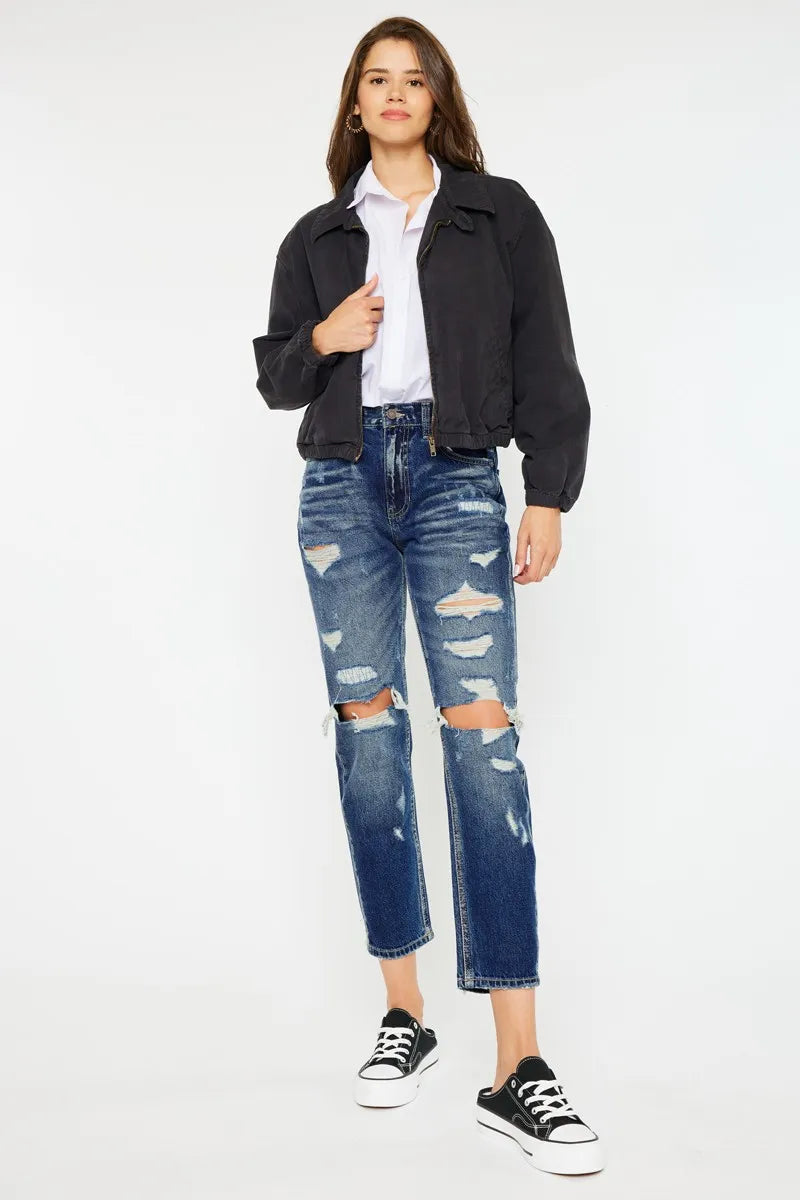 High rise distressed mom jeans front view in dark wash