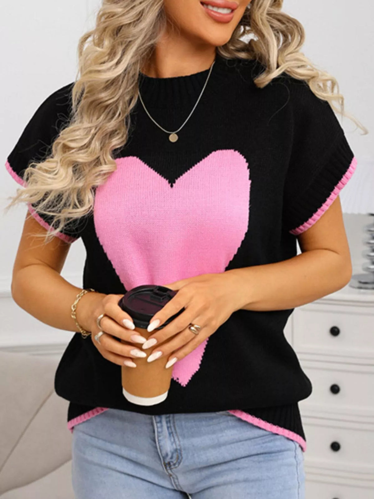 White heart sweater full look with jeans
