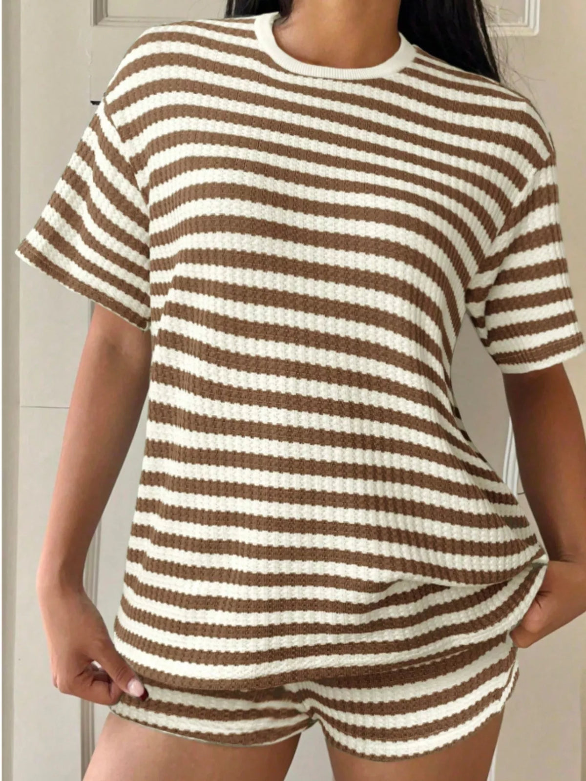 Striped round neck top and shorts set front view