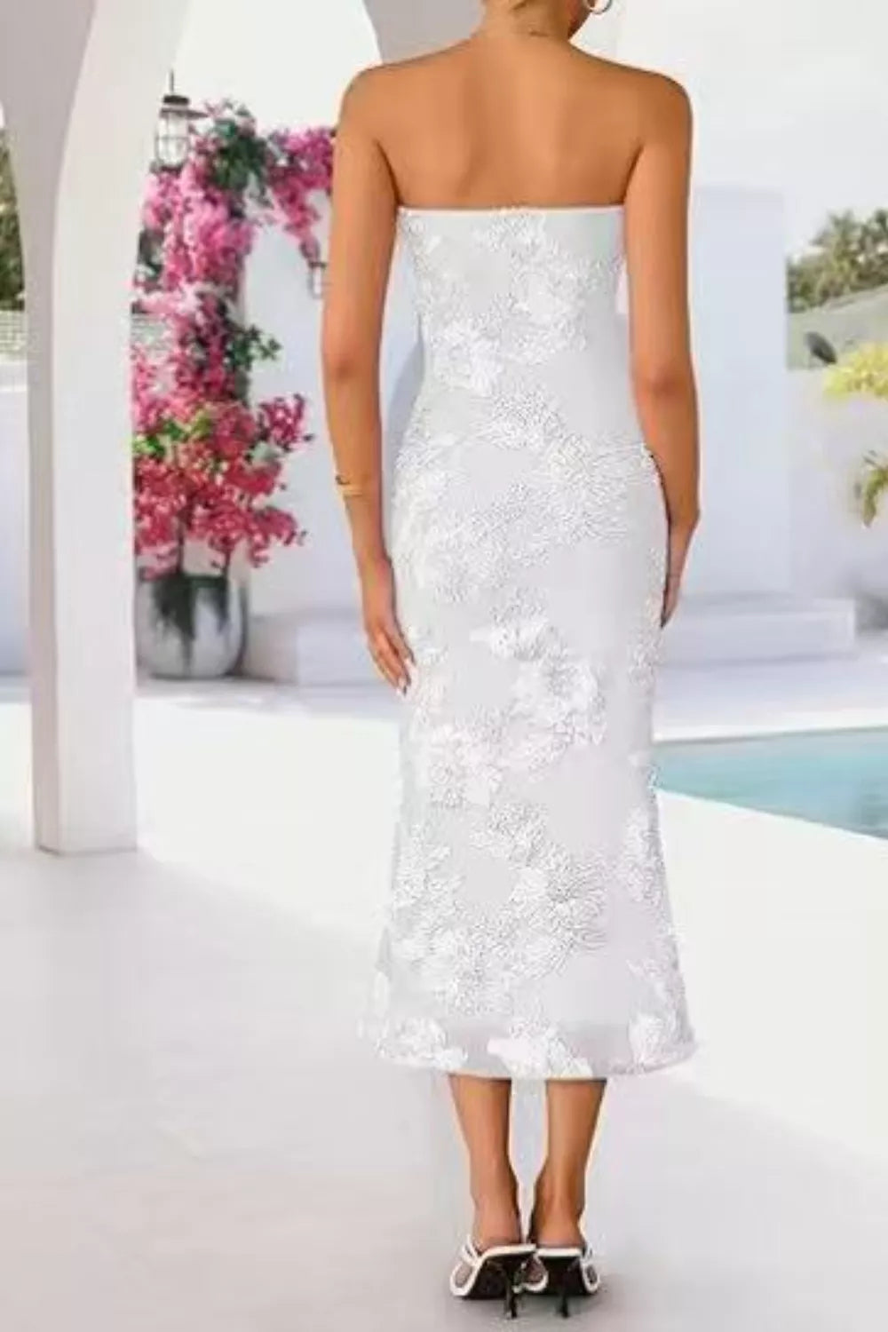 White strapless lace embellished midi dress back view