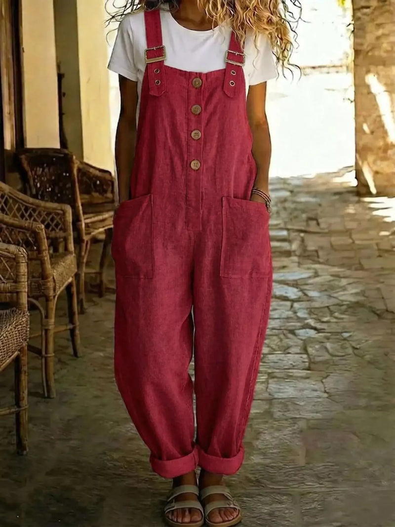 Button front wide leg overalls front view