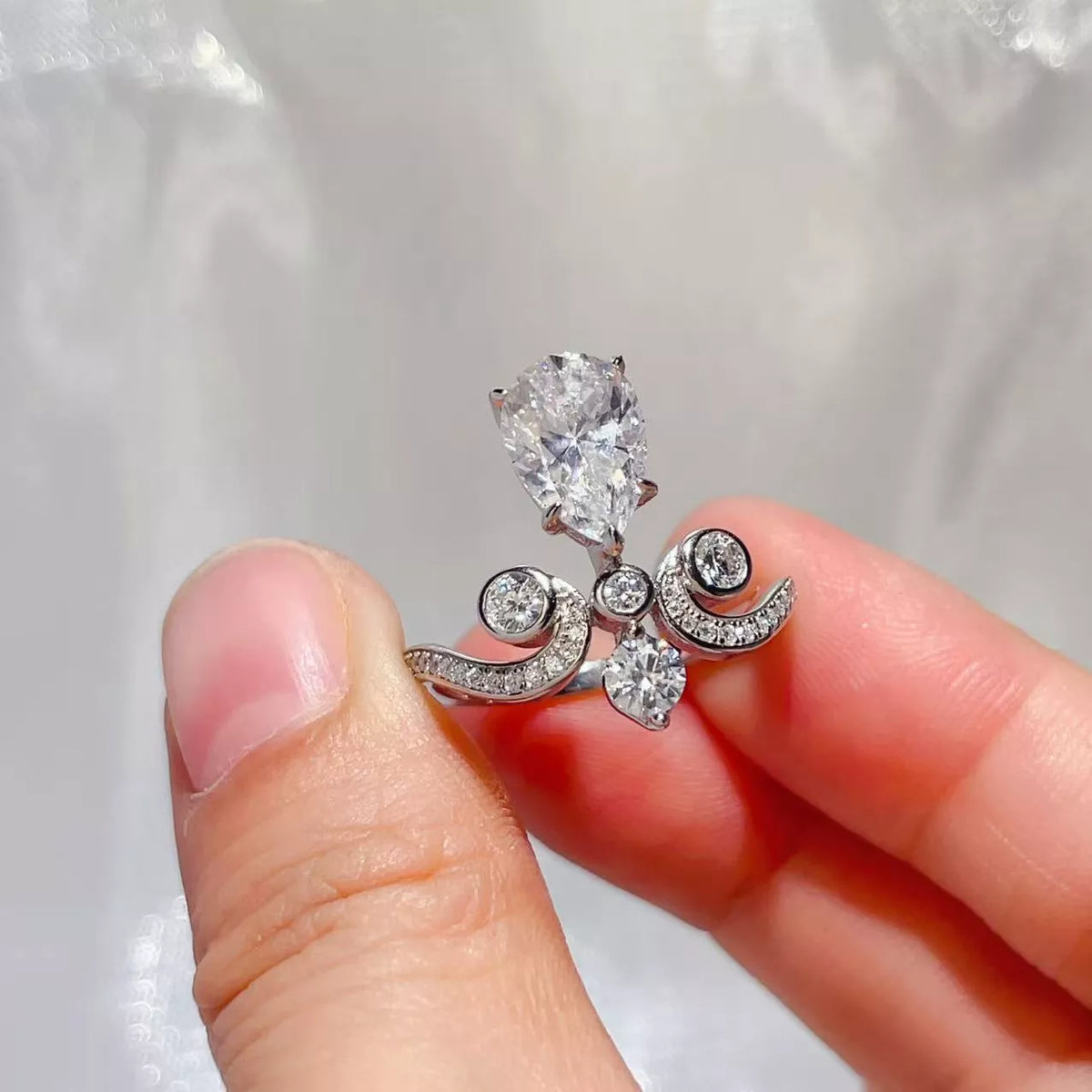 Close up of moissanite stone brilliance and setting