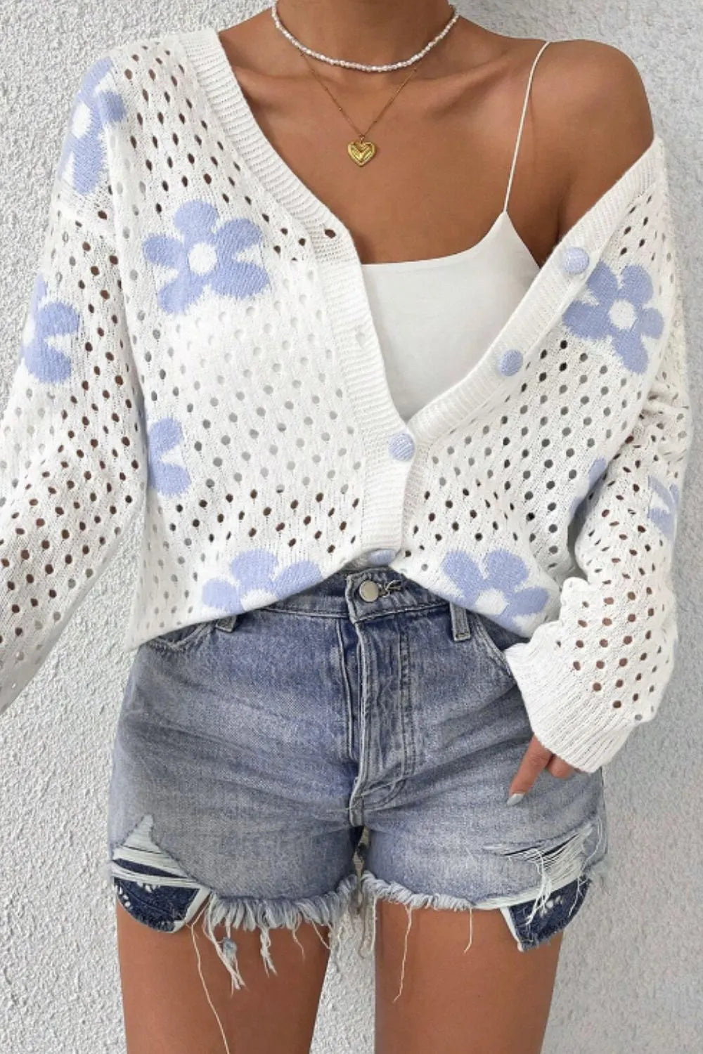 Flower Hollowed Out Button Down Long Sleeve Cardigan - Fashorio