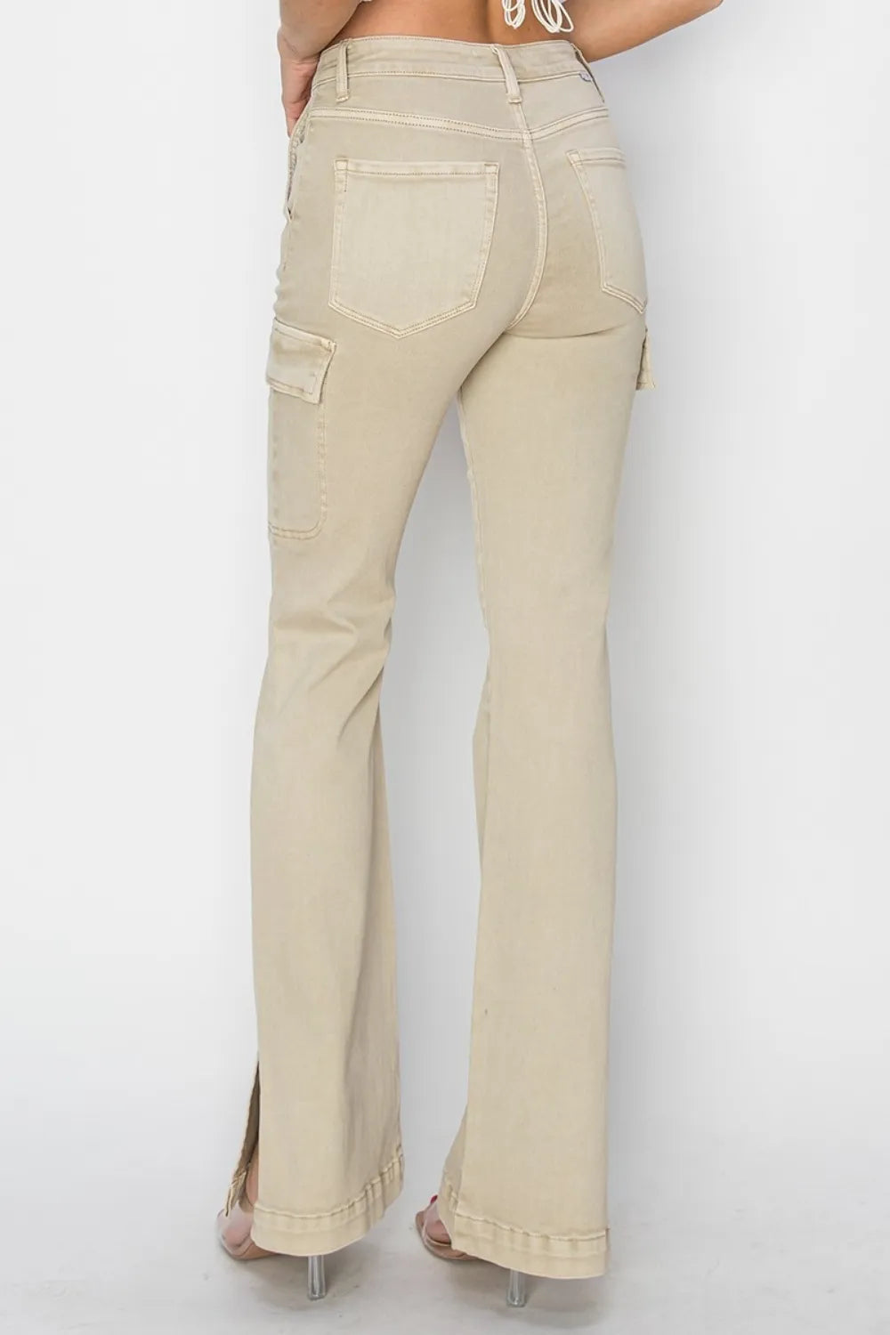 RISEN Full Size High Rise Side Slit Cargo Bootcut Jeans - Fashorio