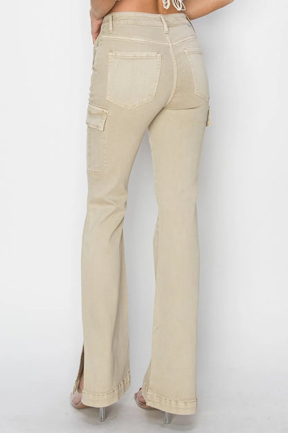 RISEN Full Size High Rise Side Slit Cargo Bootcut Jeans - Fashorio