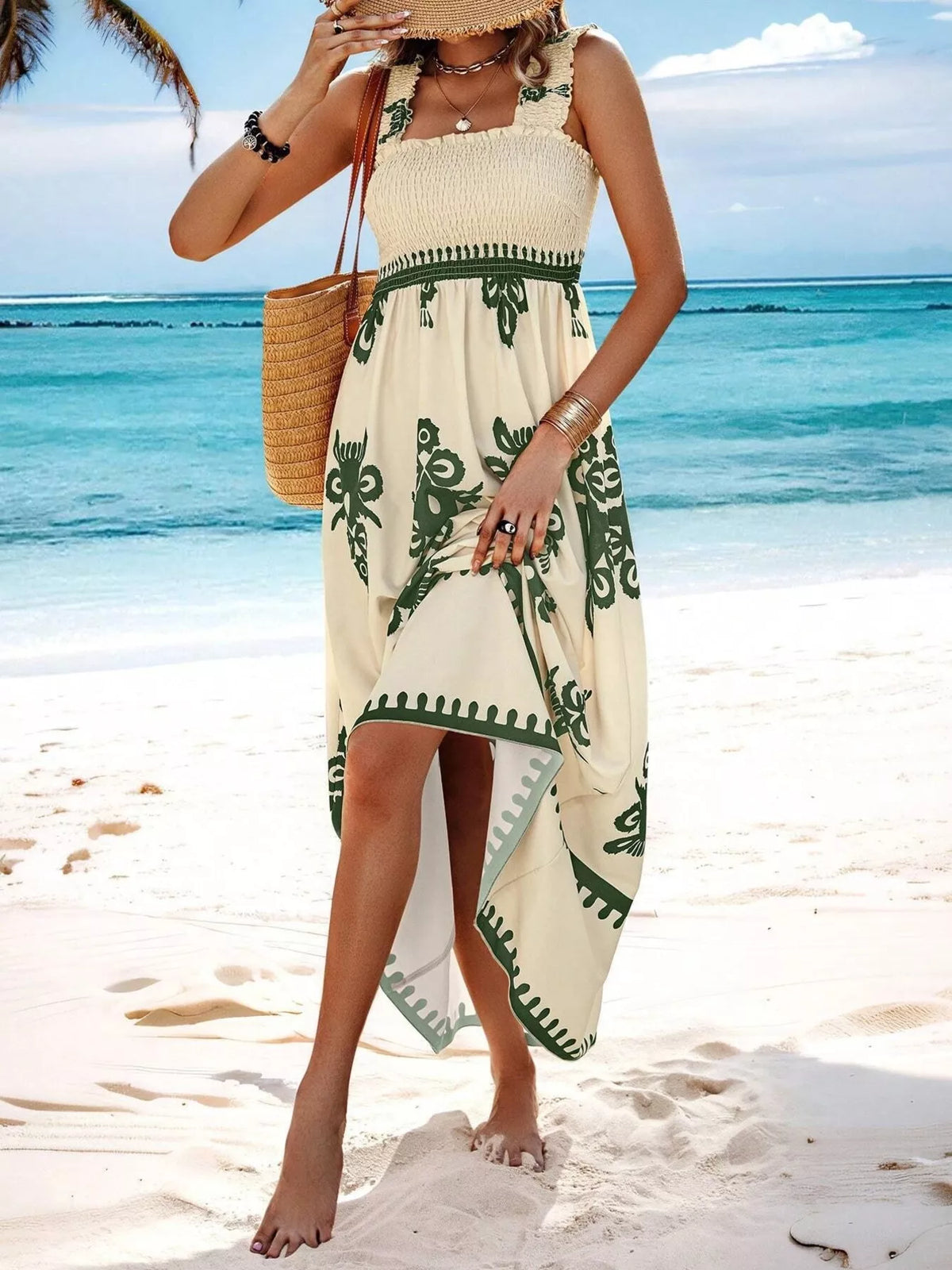printed square neck smocked maxi dress close up