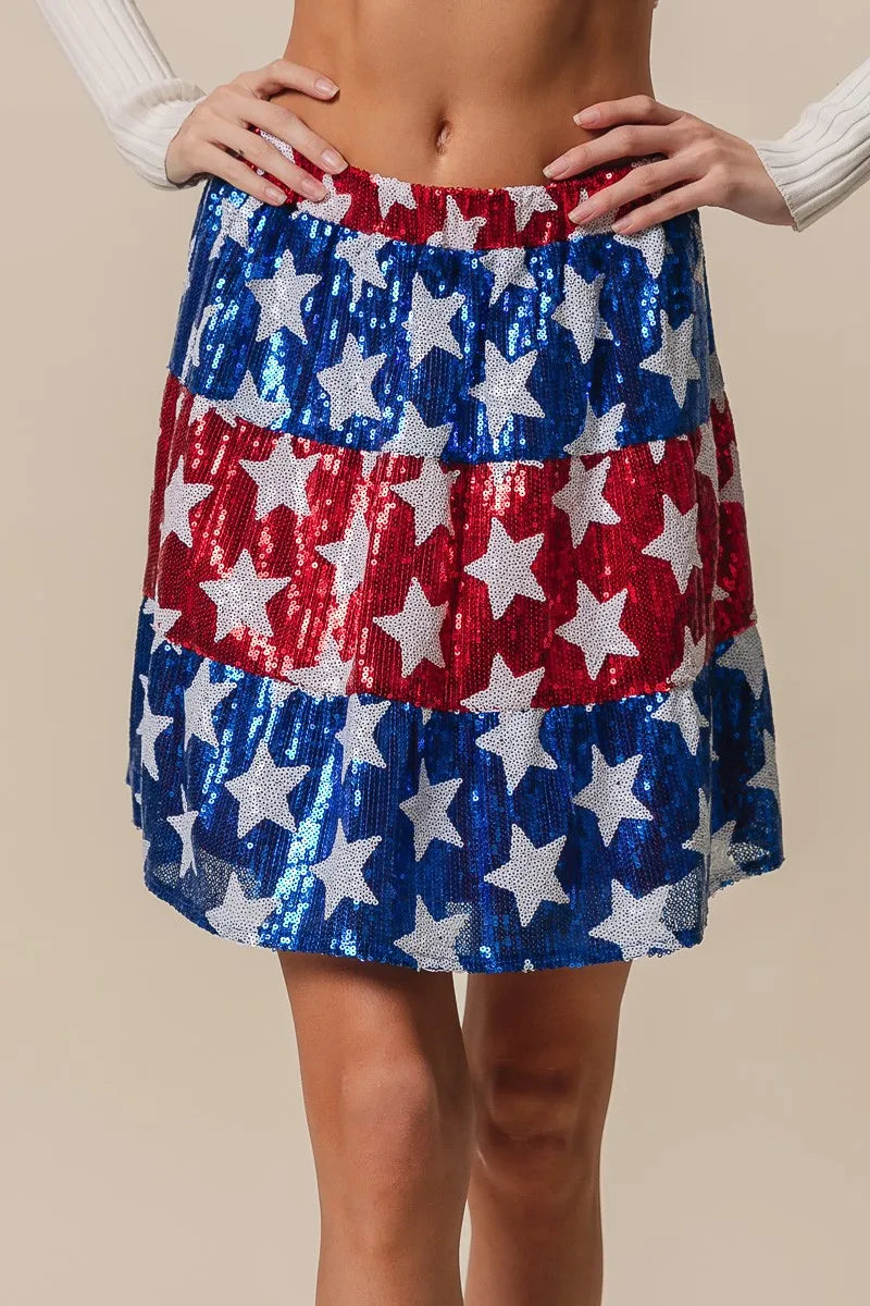 BiBi American Flag Theme Star Sequin Tiered Skirt AMERICAN FLAG - Fashorio