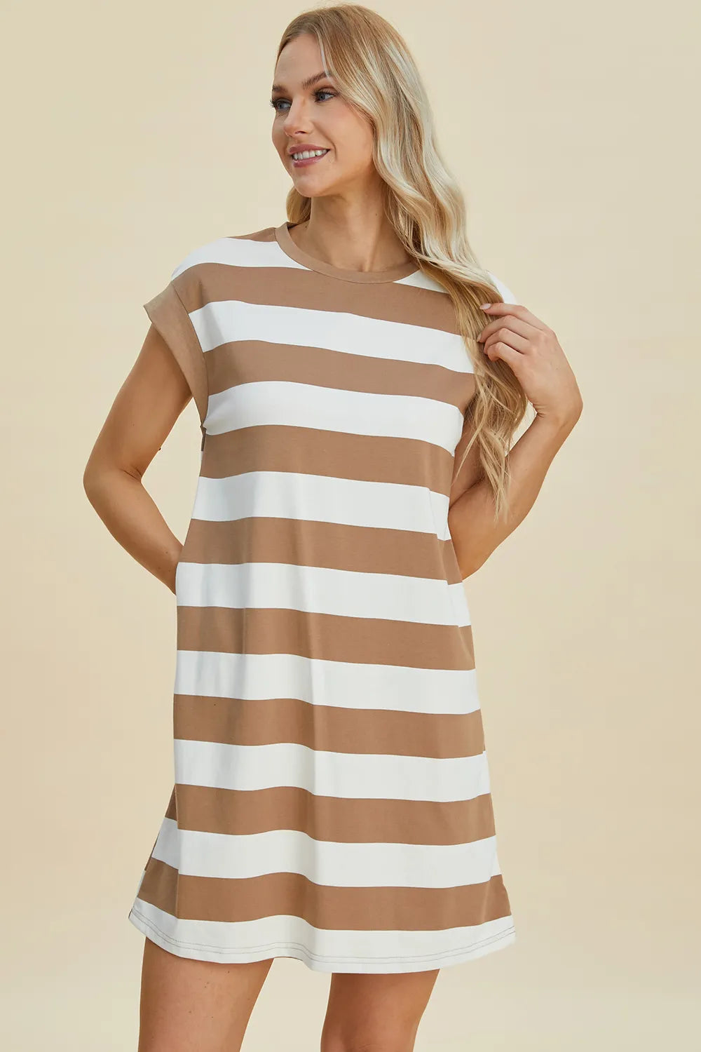 Striped mini dress in dusty blue shade