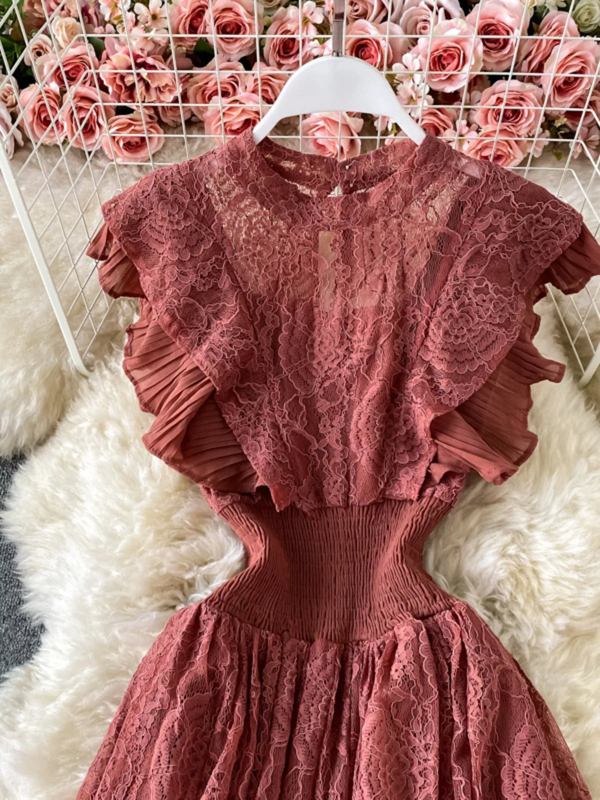 Ruffled mock neck lace maxi dress, side view