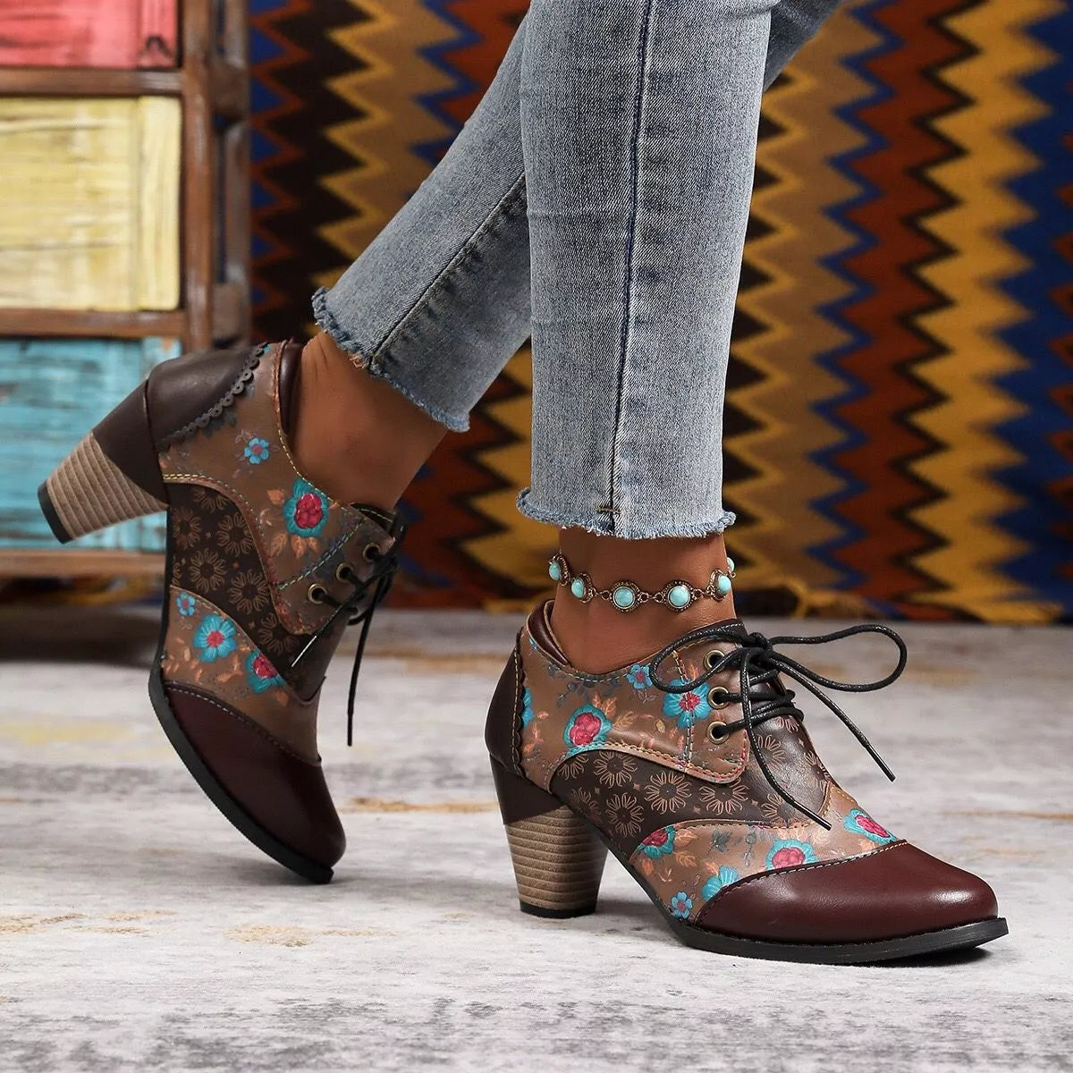 Lace up block heel ankle boots three quarter view