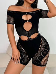 Cutout Off Shoulder Fishing Net Romper Black - Fashorio