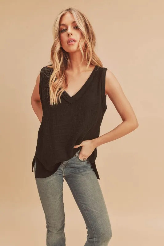 Black v neck wide strap tank front view