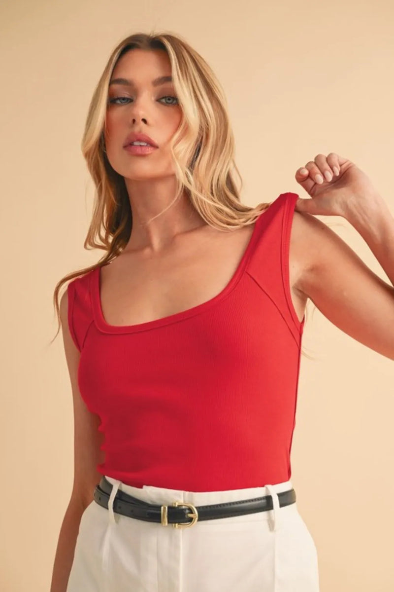 Cherry red square neck wide strap tank front view