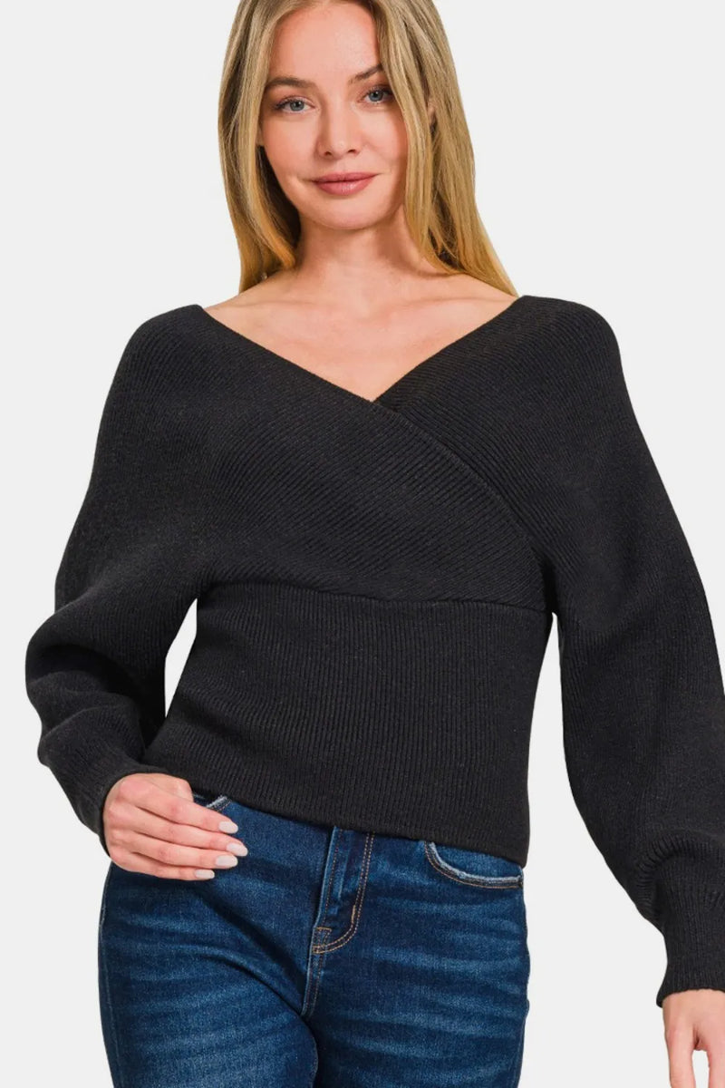 Cross Wrap Ribbed Long Sleeve Sweater in Black