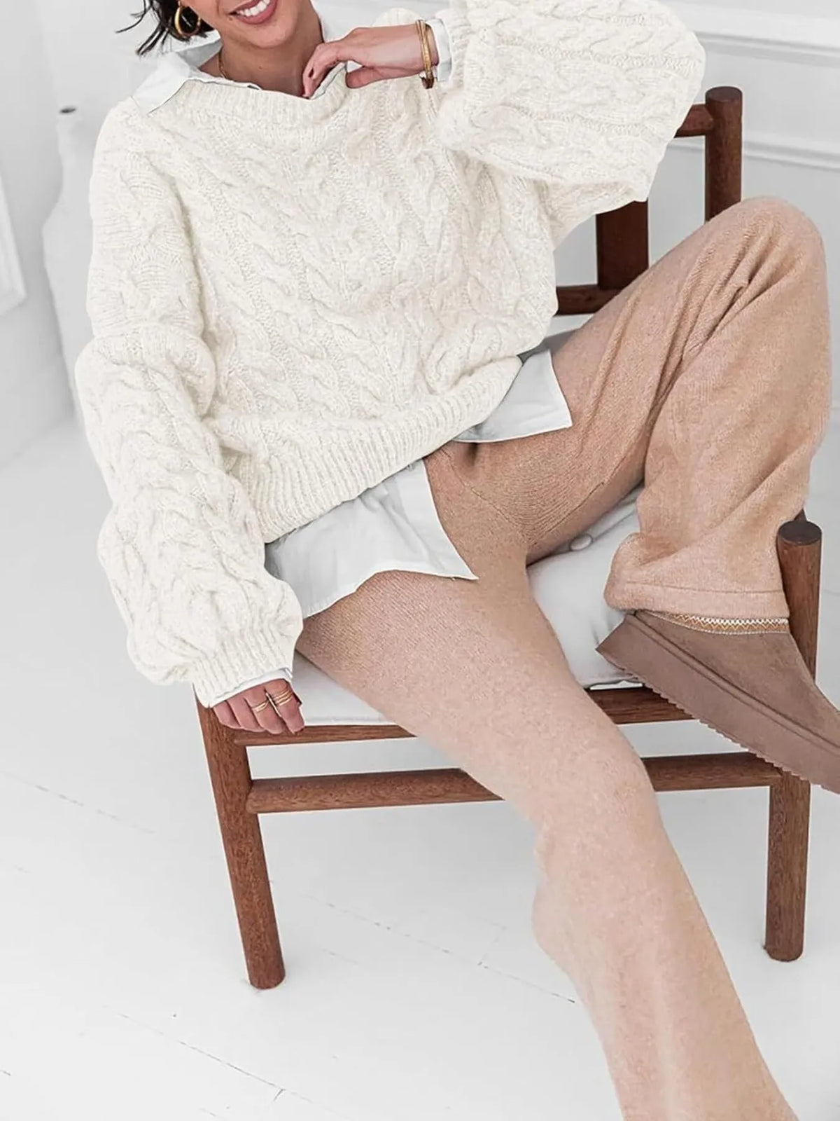 cable knit long sleeve sweater full length view