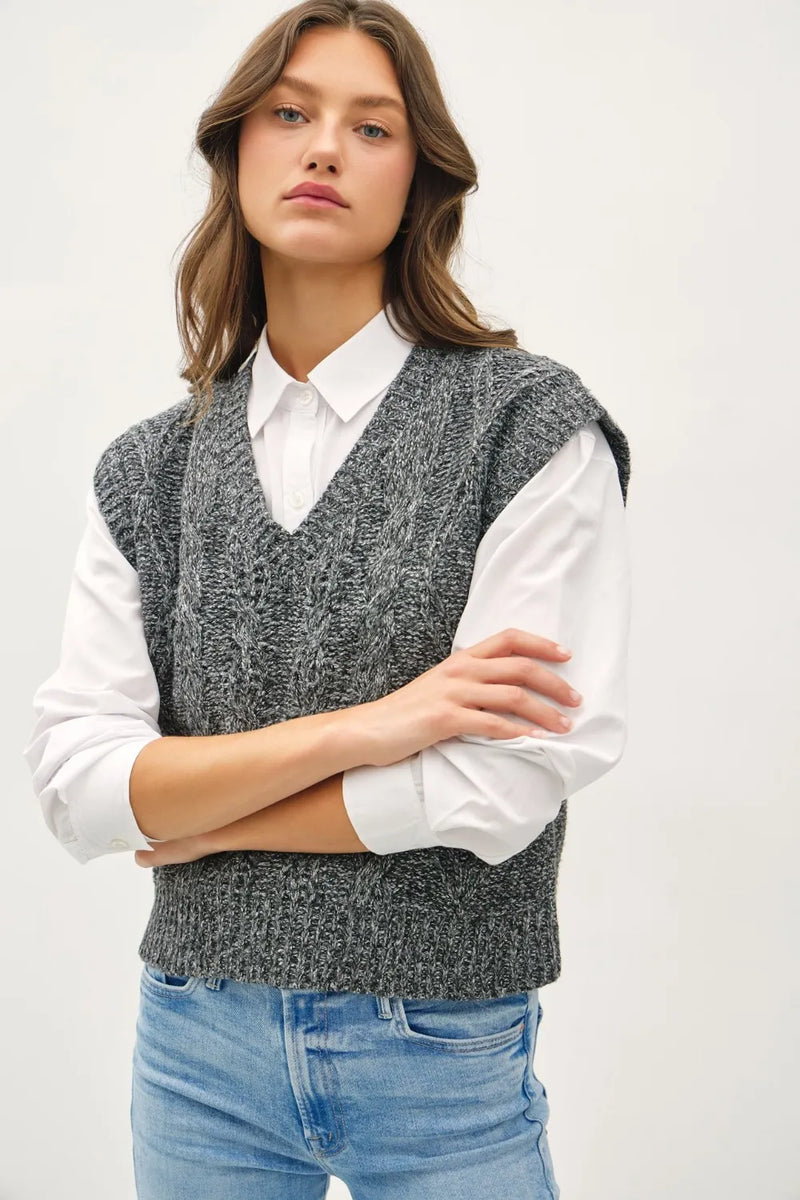 Cable Knit V Neck Sweater Vest in Charcoal