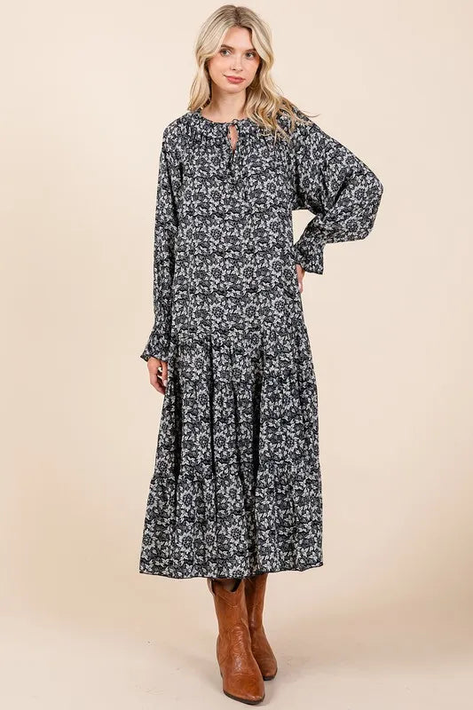 Printed Tie Neck Flounce Sleeve Midi Dress back view