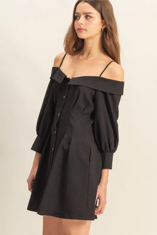 Button Down Spaghetti Strap Mini Dress in Black back view