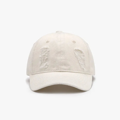 Distressed Cotton Baseball Cap Ivory One Size - Fashorio
