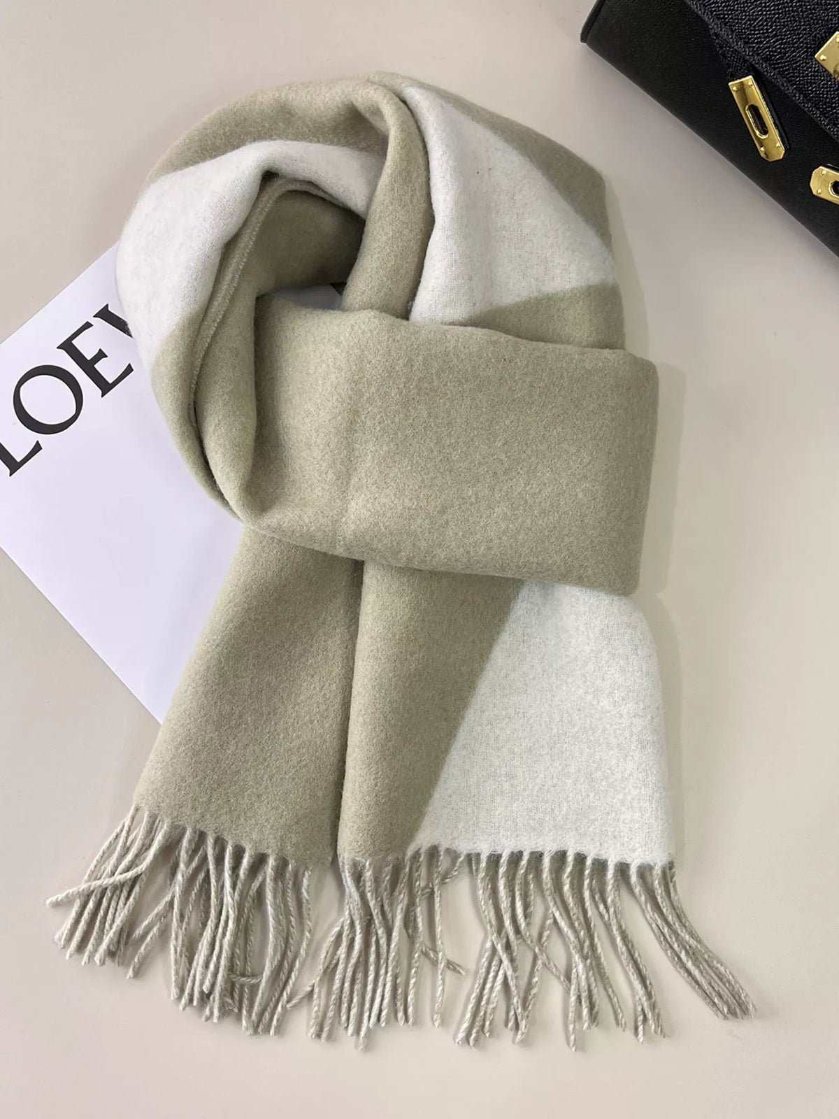 Wool fringe scarf shown in natural light