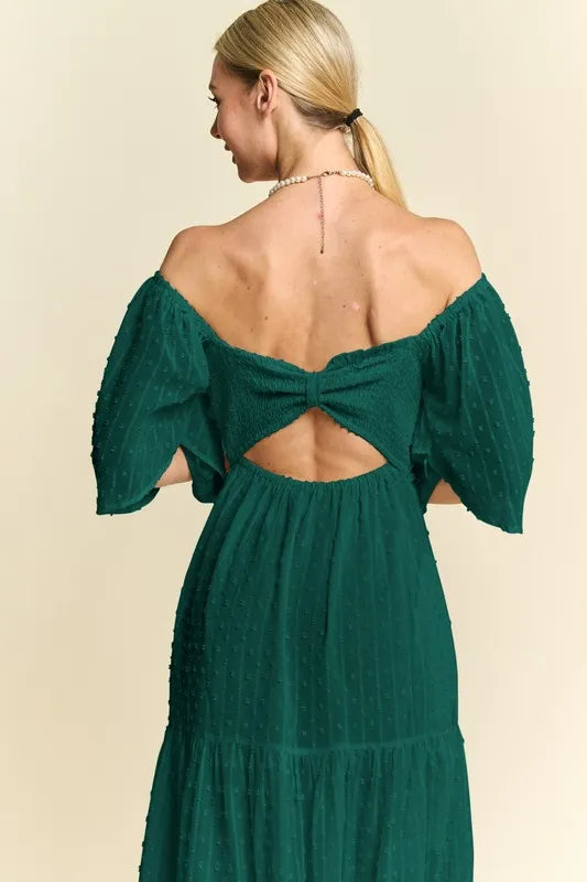 Swiss Dot Open Back Ruffle Midi Dress in Forest Green close up